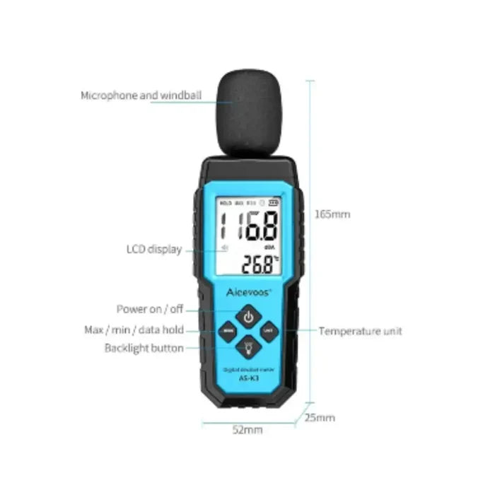 HBC Habicare digital sound level meter displaying noise levels on screen, used for measuring environmental sound in decibels.