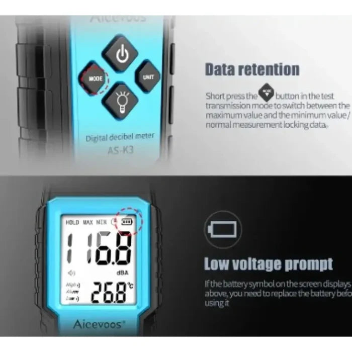 Habicare HBC digital sound level meter displaying a digital screen measuring noise levels in decibels.