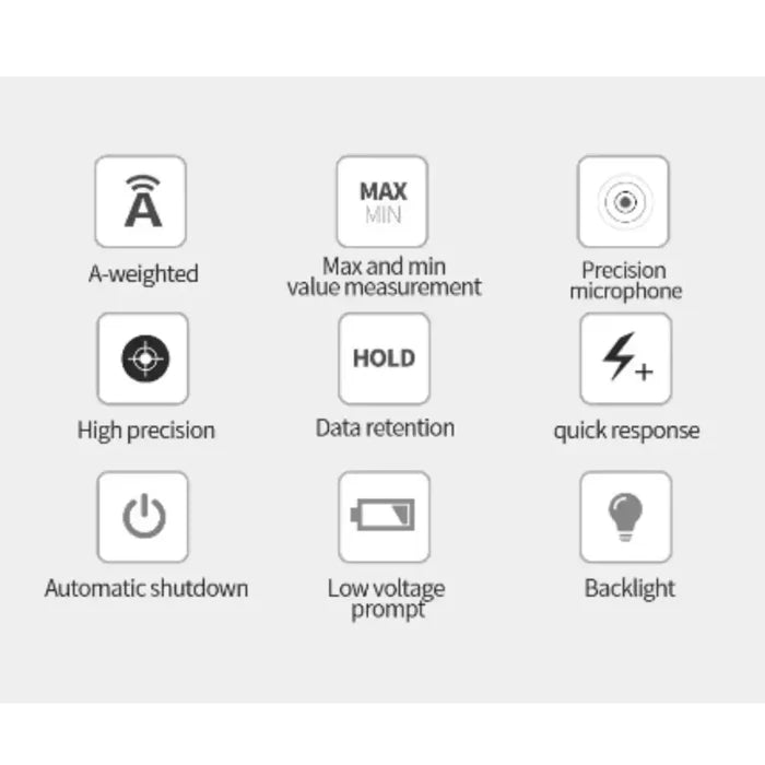 HBC Habicare digital sound level meter displaying decibel readings in a compact design.