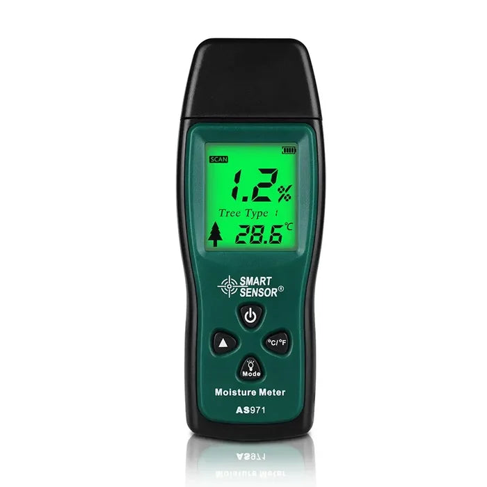 Habicare AS971 digital wood moisture meter showing digital display with timber dampness levels and paper testing probe.