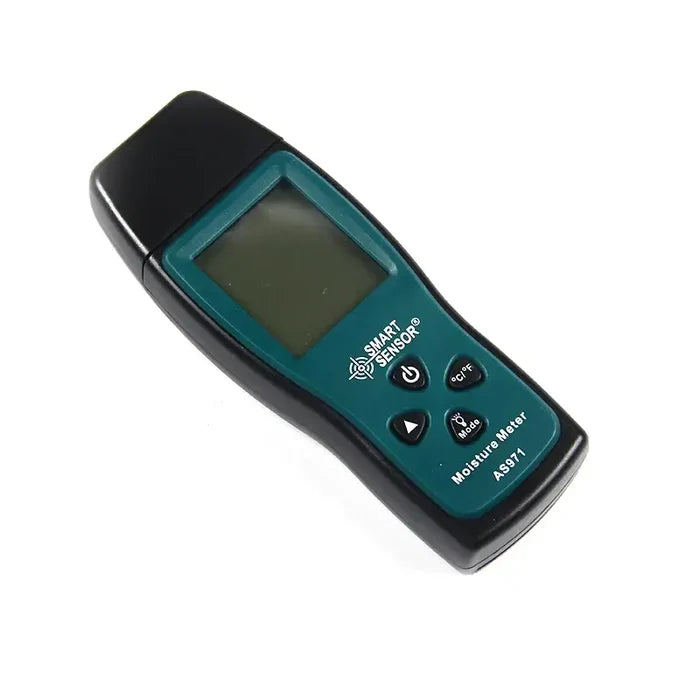 Habicare AS971 Digital Wood Moisture Meter showing timber moisture levels and digital display for wood dampness detection.