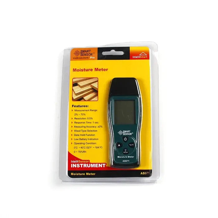 Habicare AS971 digital wood moisture meter showing digital display and timber dampness detection for accurate moisture measurement.
