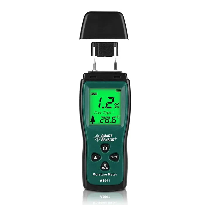 Habicare AS971 Digital Wood Moisture Meter showing digital display and probes for measuring timber dampness and moisture levels.