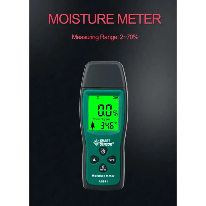 Habicare AS971 digital wood moisture meter showing a digital display with timber moisture readings and paper test results.