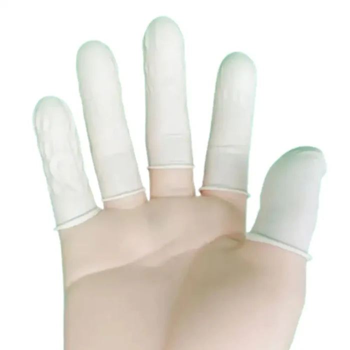 HBC Habicare disposable latex fingertip protectors, flexible and transparent for medical or hygiene use.