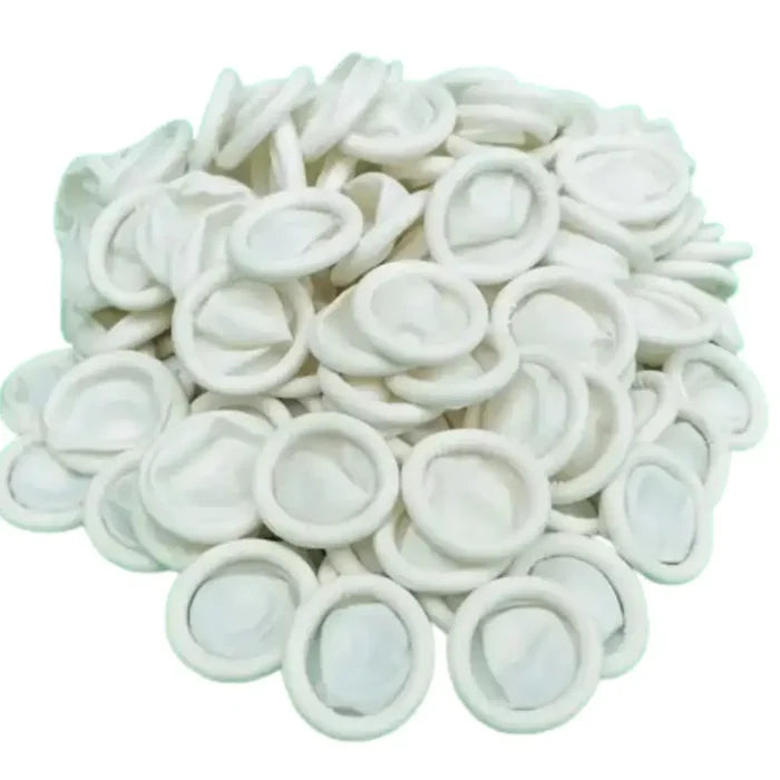 HBC Habicare disposable latex fingertip protectors, clear and flexible, designed for hygiene and safety in medical or cleaning tasks.