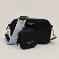 Black Cocopup Dog Walking Bag with blue and white checkered gingham bag strap.