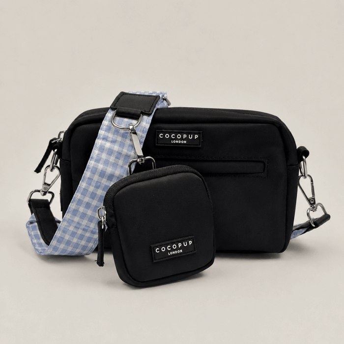 Black Cocopup Dog Walking Bag with blue and white checkered gingham bag strap.