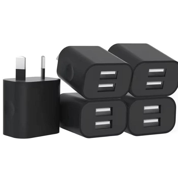 Black dual USB power adapter wall plug for NZ and AUS outlets, compatible with various electronic devices.