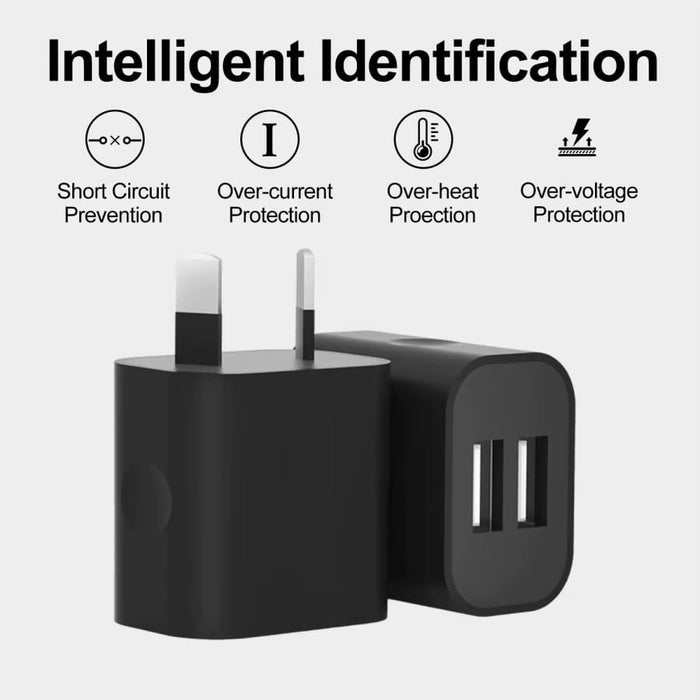 Black 9eight5 dual USB power adapter wall plug for NZ and AUS outlets, compact electronics accessory with two USB ports.