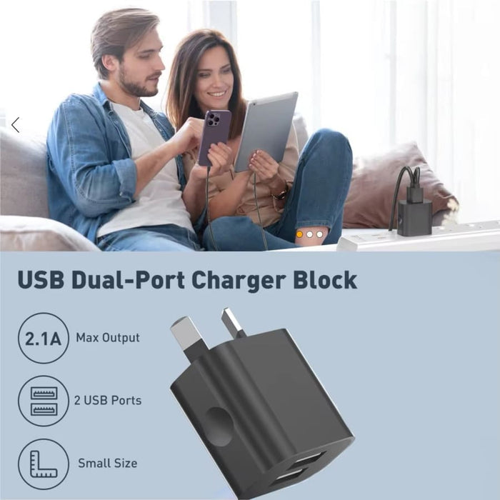Black 9eight5 dual USB power adapter wall plug for NZ/AUS outlets, compact electronics accessory with two USB ports for charging devices.