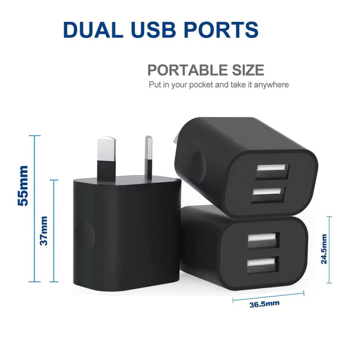 Black dual USB power adapter wall plug for NZ and AUS outlets, compatible with various electronic devices.