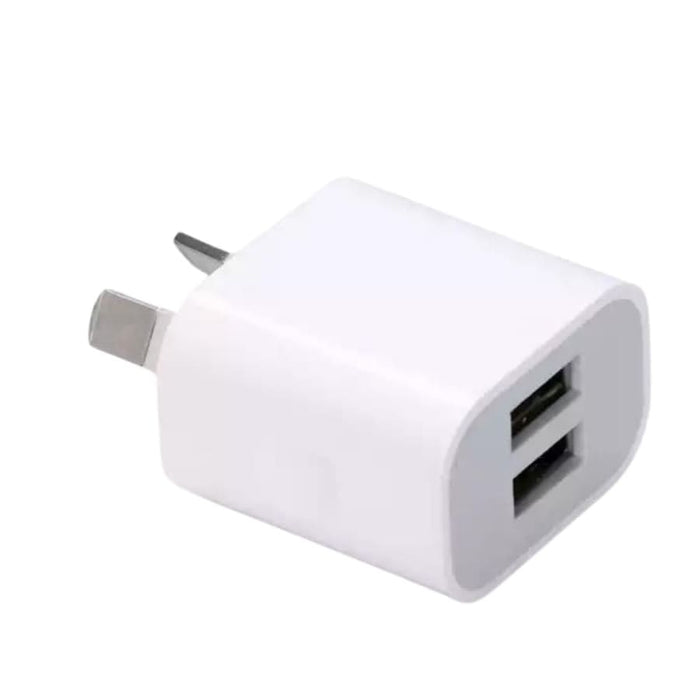 White 9eight5 dual USB power adapter wall plug for NZ/AUS outlets, compatible with phones and tablets