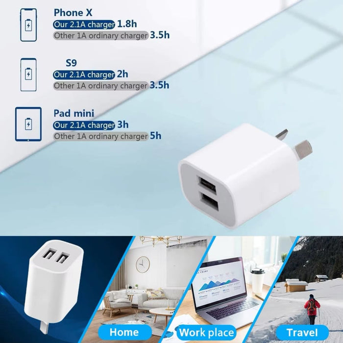 White 9eight5 dual USB power adapter wall plug for NZ and AUS outlets, ideal for charging phones and tablets.