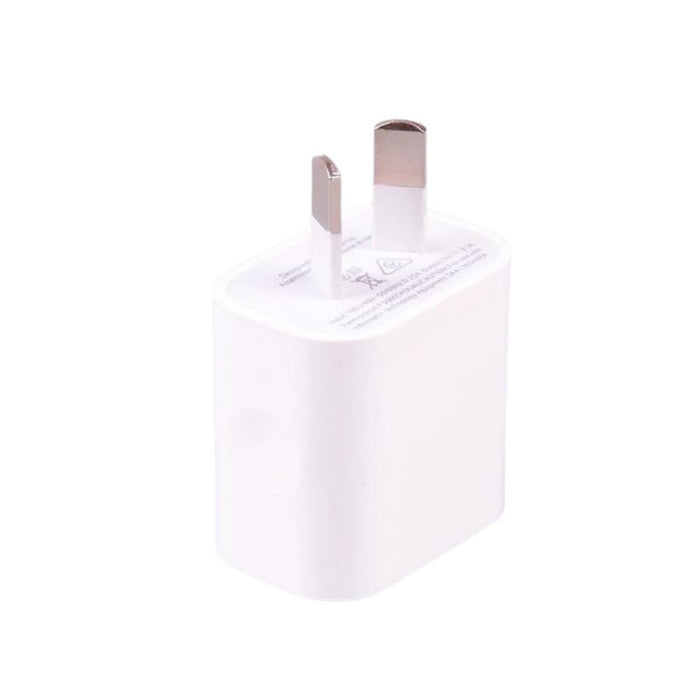 White 9eight5 dual USB power adapter wall plug for NZ and AUS outlets, compatible with phones and tablets.