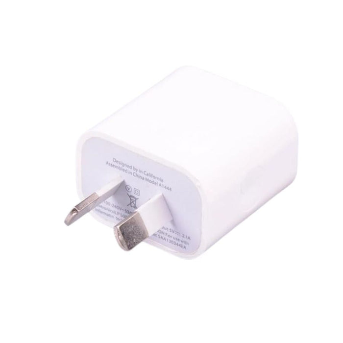 White 9eight5 dual USB power adapter wall plug for NZ and AUS outlets, compatible with phones and tablets.