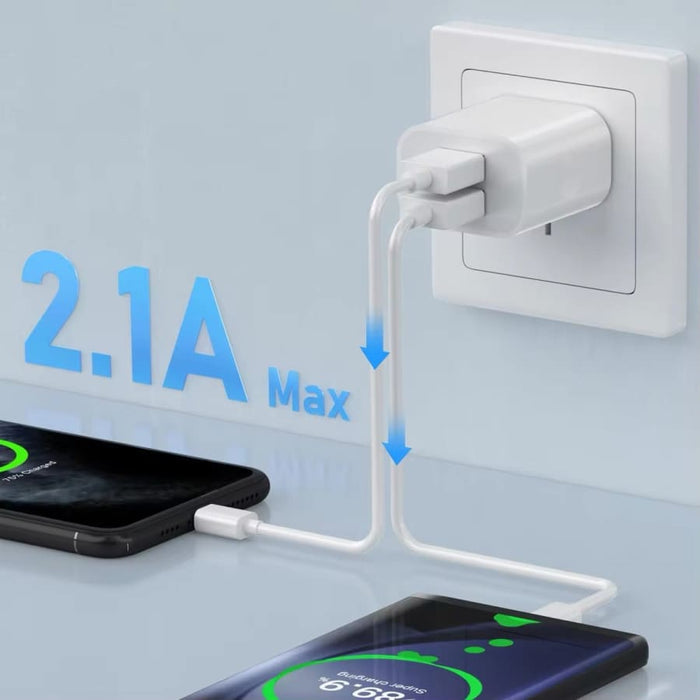 White 9eight5 dual USB power adapter wall plug for NZ and AUS, compatible with phones and tablets, featuring two USB ports.