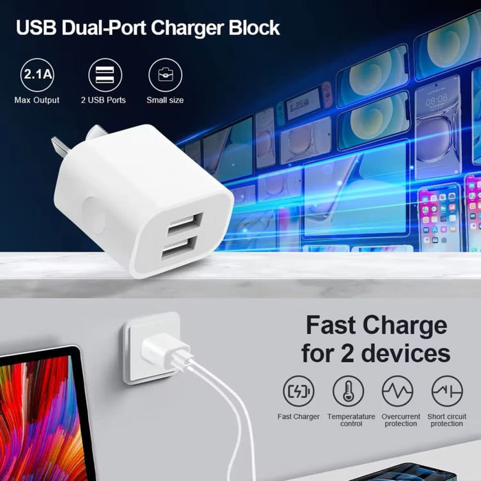 White 9eight5 dual USB power adapter wall plug for NZ and AUS outlets, suitable for phones and tablets.