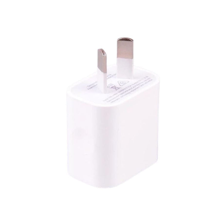 White dual USB power adapter wall plug for NZ and AUS outlets, compact charger compatible with various electronic devices.