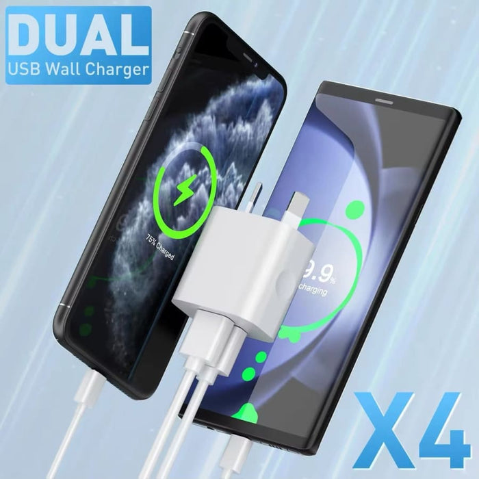 Dual USB power adapter wall plug for NZ and AUS outlets, compact charger with two USB ports, suitable for charging multiple devices.