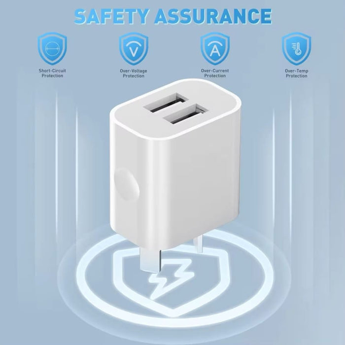 White dual USB power adapter wall plug with two ports for NZ and AUS outlets, compatible with various electronic devices.