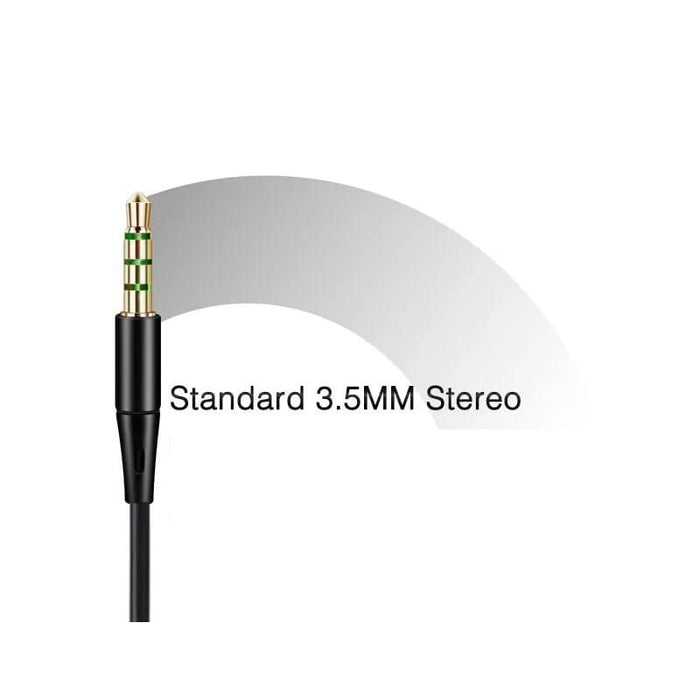 White 9eight5 earphones with in-ear design, connected to a phone, shown on a street and office background.