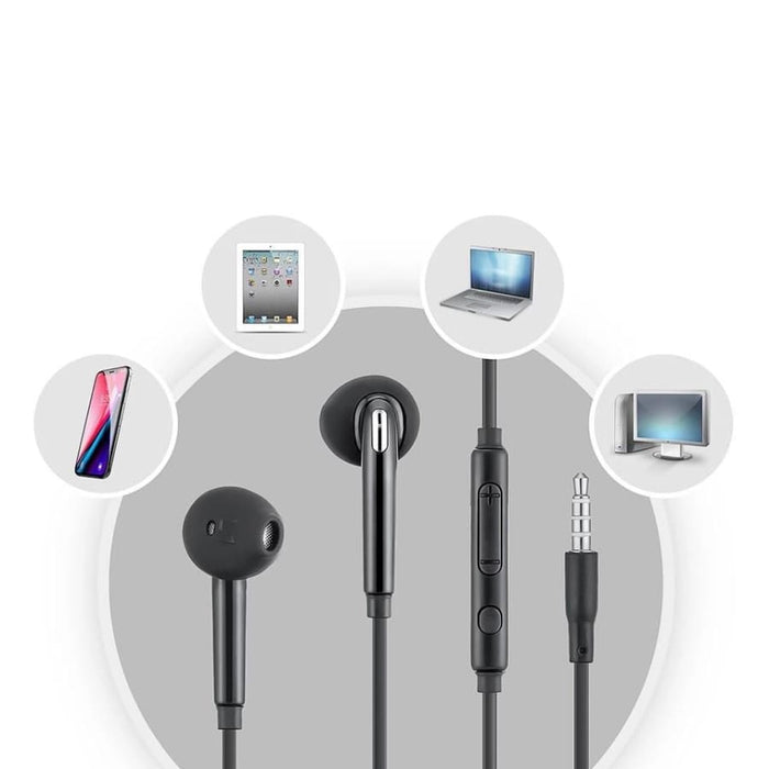 Black 9eight5 earphones with mic and inline remote for phone and tablet, featuring comfortable earbuds and a built-in microphone.