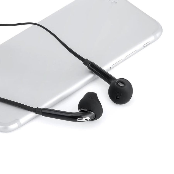 Black 9eight5 earphones with microphone for phones and tablets, featuring in-line controls and comfortable earbud design.