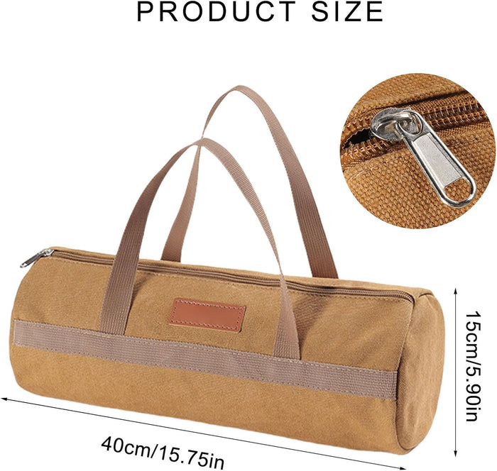 ECOTREK canvas tent stake bag with handle, designed for portable camping pegs and hammer storage, durable outdoor accessories.