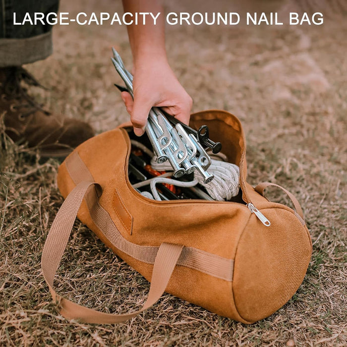 ECOTREK canvas tent stake bag with carrying handle, designed for storing camping pegs and hammer during outdoor adventures.