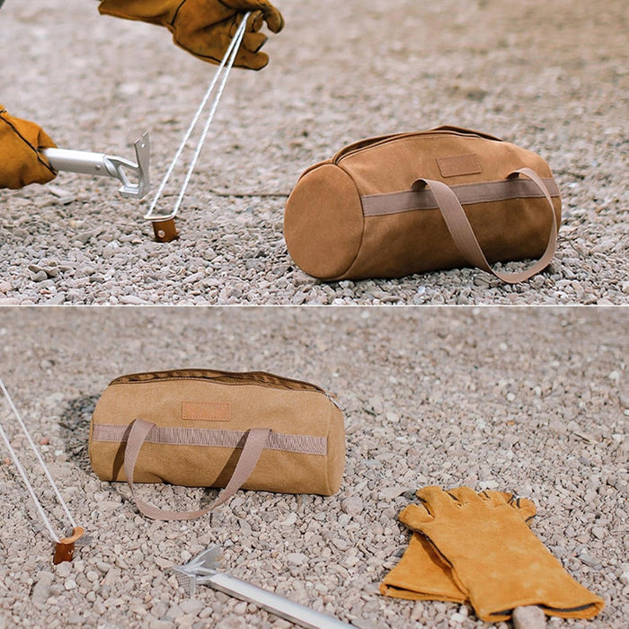 ECOTREK canvas tent stake bag for camping accessories, portable storage for tent pegs and hammer, durable outdoor gear.