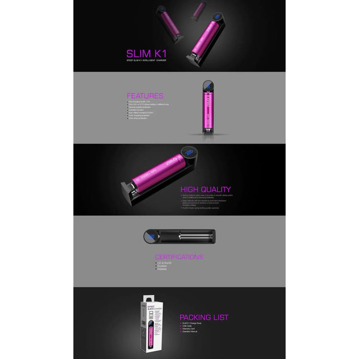 Efest Slim K1 battery charger for rechargeable batteries, compact black charger with LED indicators.