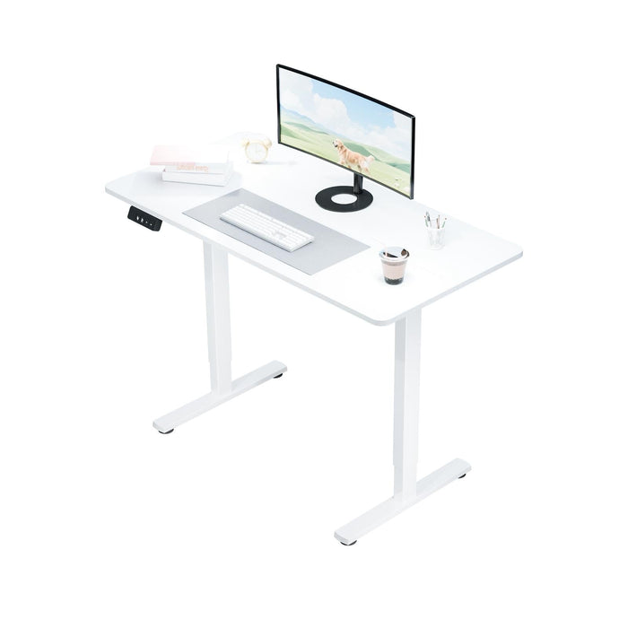 Electra Ergo single motor white sit-stand computer desk by Sue-E Furniture, 1.4m length with adjustable height for ergonomic workspace.