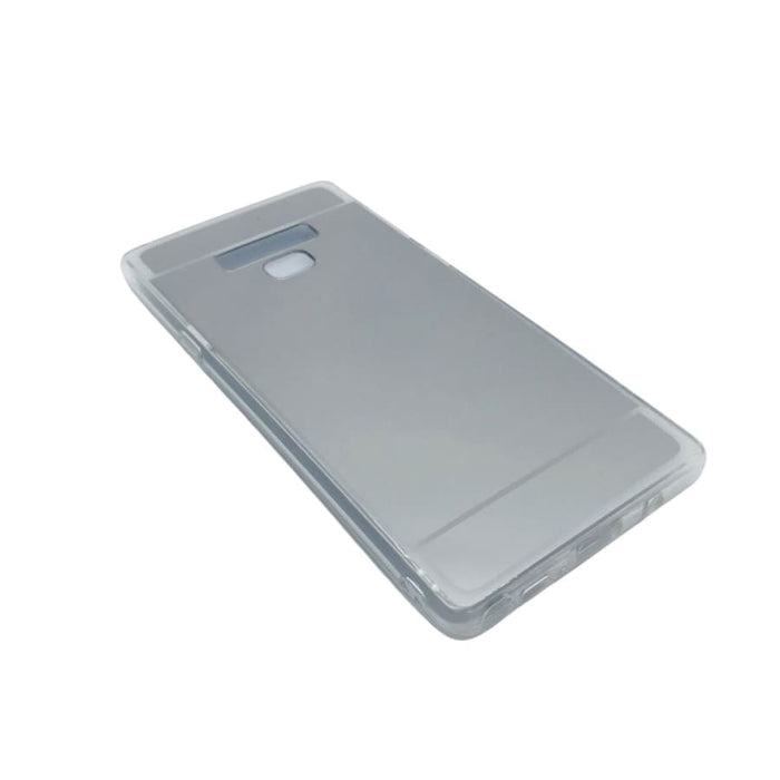 Elegant silver mirror Samsung Galaxy Note 9 case by 9eight5, with a sleek reflective surface and precise cutouts for buttons and camera.