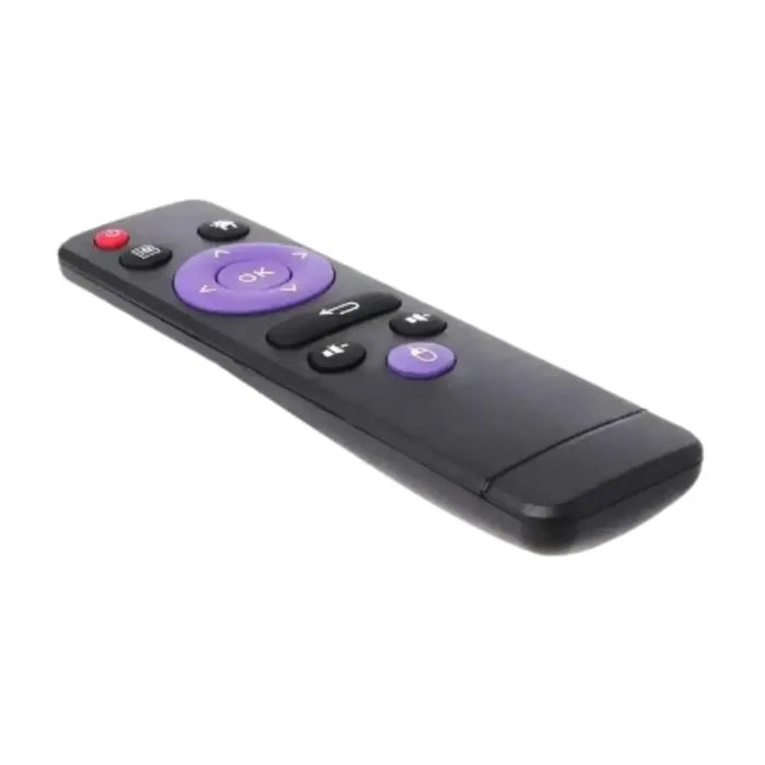Black Habicare HBC Android TV Box remote control for universal TV operation, featuring ergonomic buttons and sleek design.