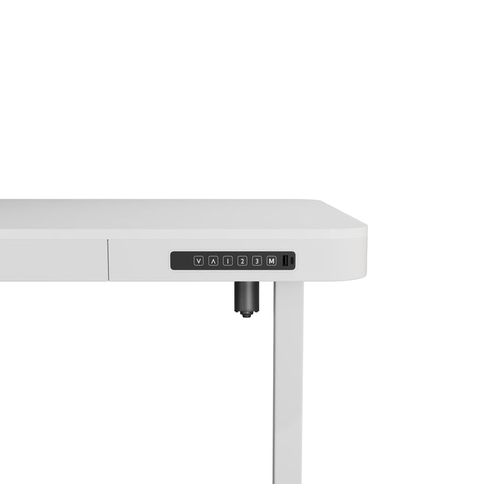 White ErgoLift single motor sit-stand computer desk with drawer, 1.2m, by sue-e furniture, shown with workspace setup.