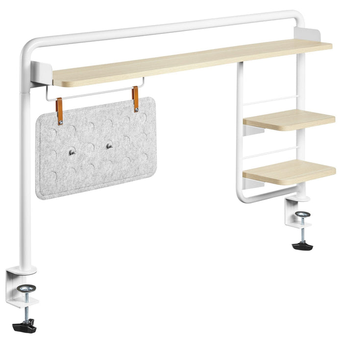 Sue-e Furniture Ergomax Clamp-on desk shelf attached to a computer desk, providing extra storage space in a modern workspace.