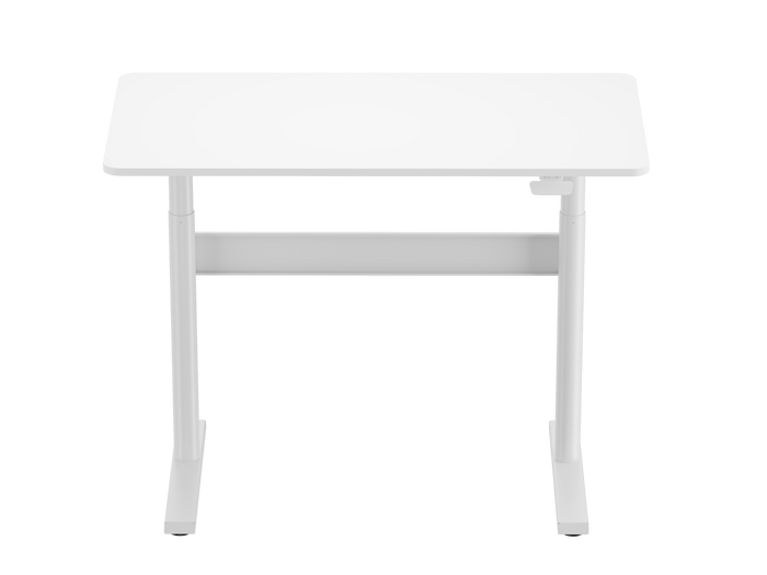 White Ergomax gas spring sit-stand computer desk by sue-e furniture with adjustable height and modern design.