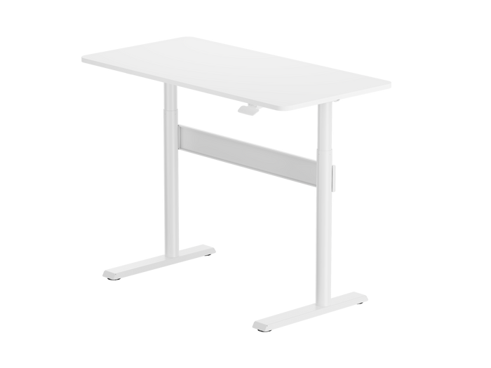 White Ergomax gas spring sit-stand computer desk by sue-e furniture with adjustable height and sleek modern design.