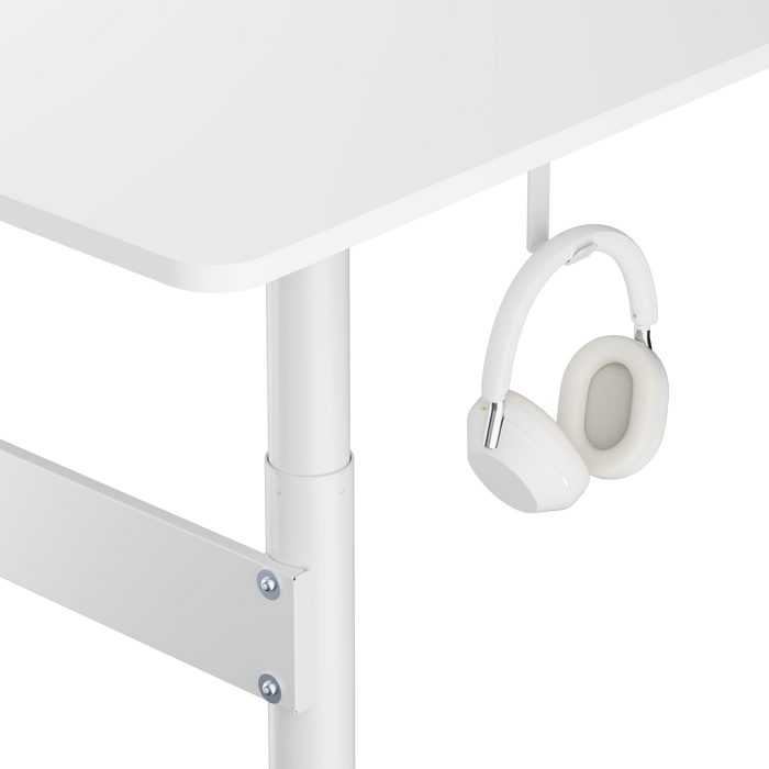 White Ergomax gas spring sit-stand computer desk by sue-e furniture with adjustable height and sleek modern design.