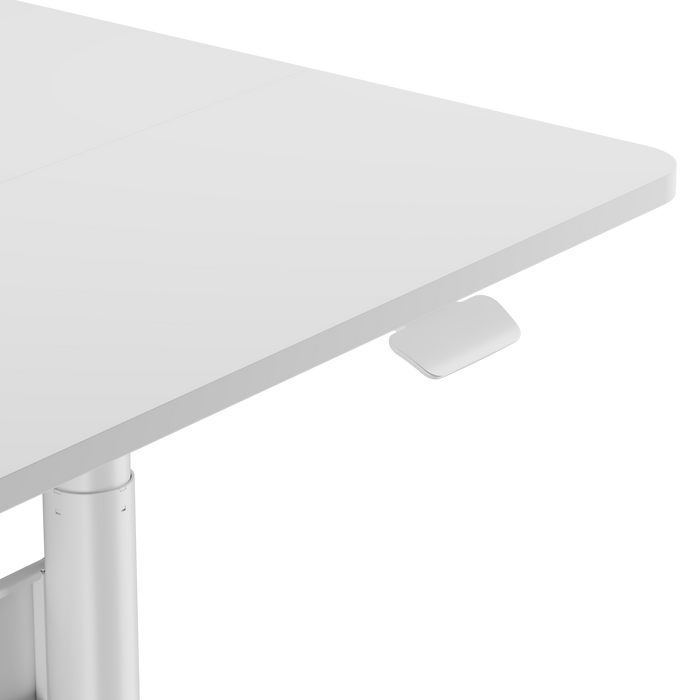 White Ergomax gas spring sit-stand computer desk by sue-e furniture, showcasing adjustable height and modern design.