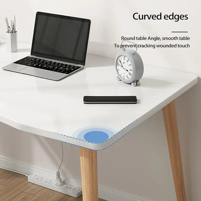 White Habicare ergonomic office desk with rounded corners, sleek design, and sturdy SS frame for a comfortable workspace.