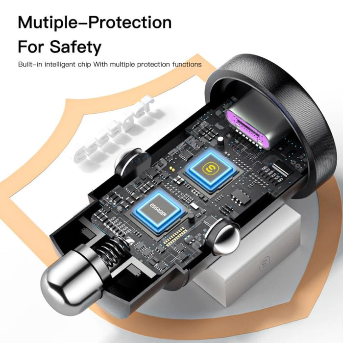 Essager car charger with Type C and USB ports, black electronic accessory for fast vehicle charging.