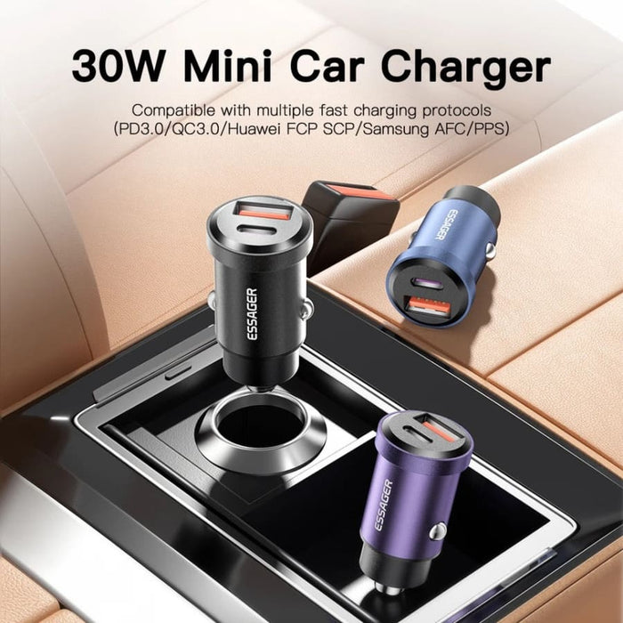 Essager 9eight5 car charger with Type-C and USB ports for fast device charging, shown plugged into a car dashboard.
