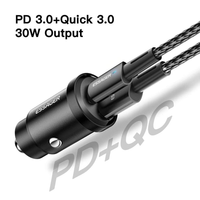 Essager car charger with Type C and USB ports, compact electronics accessory for fast device charging in vehicles.