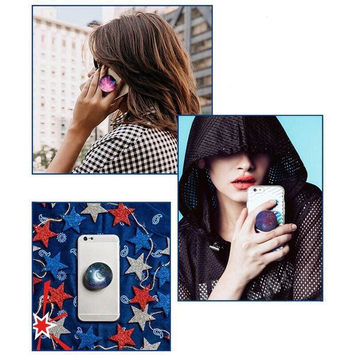 Blue expanding finger grip for phones and tablets by 9eight5, showing a secure hold and ergonomic design for easy device handling.
