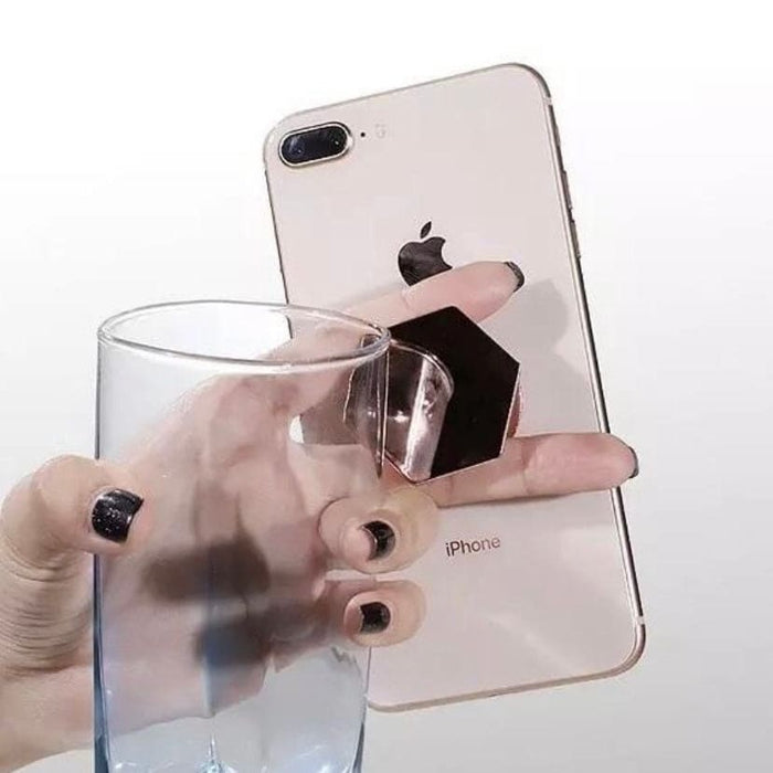 Glossy black expanding finger grip for phone cases by 9eight5, showing the sleek, foldable design attached to a smartphone.