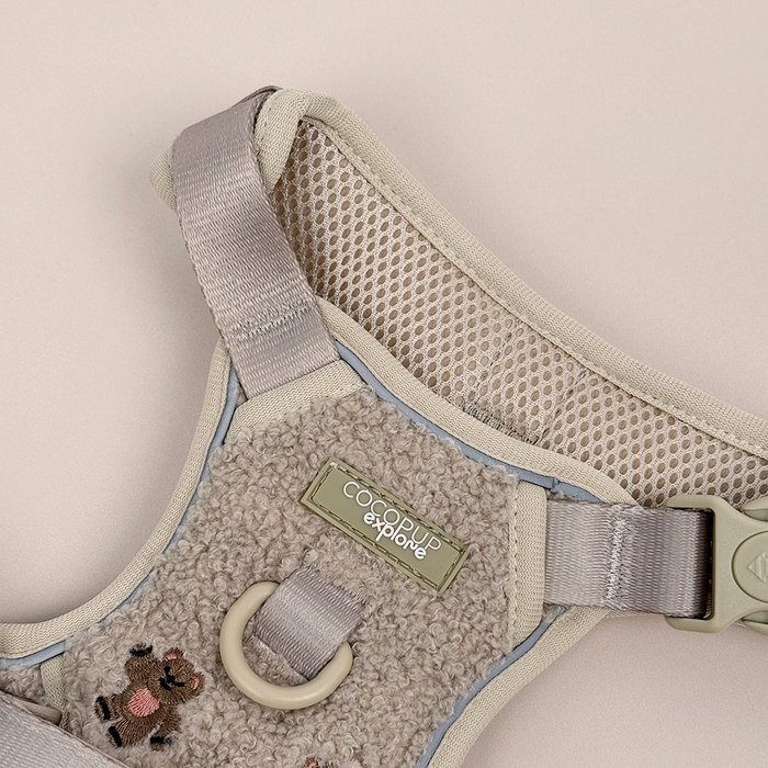 Cocopup London Explore Harness in light gray mesh with silver D-ring and embroidered teddy bear patch.