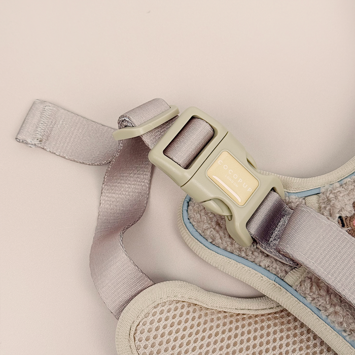 Cocopup London harness in beige and gray mesh with Theo embroidery and a beige plastic buckle.