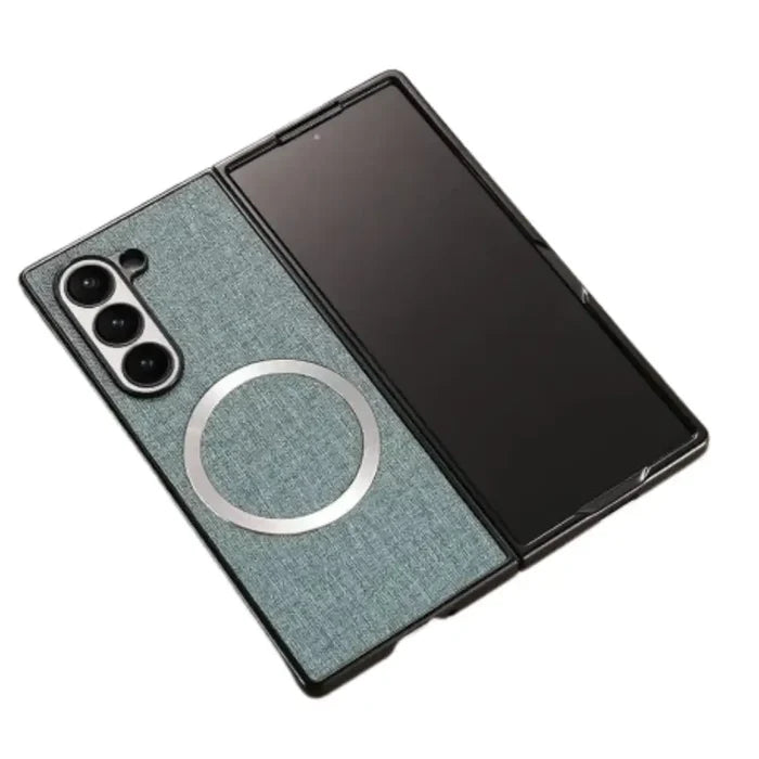 Habicare 9eight5 fabric MagSafe case for Samsung Galaxy Z Fold series, showcasing a textured material and precise cutouts.